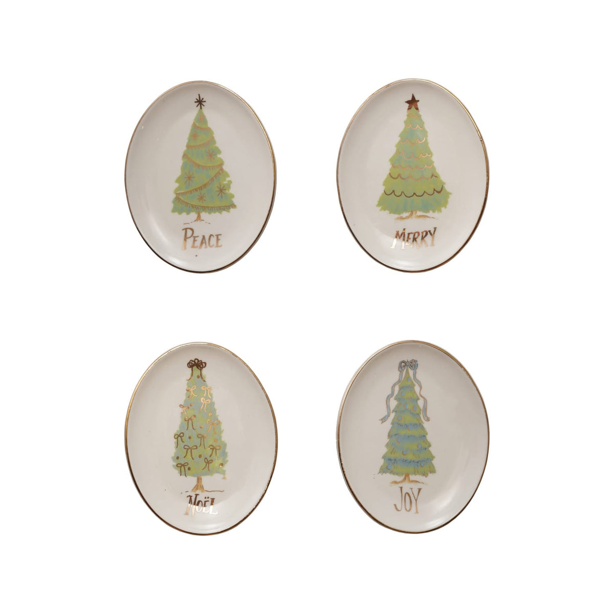 Set of four oval stoneware dishes with Christmas tree designs reading Peace, Merry, Noel, Joy