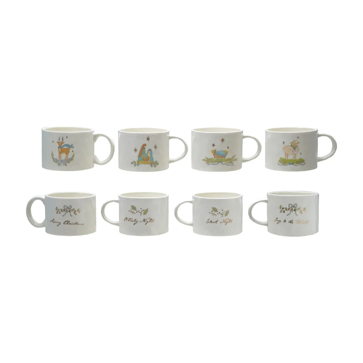 Set of 8 white stoneware Christmas mugs with nativity scenes and holiday script designs