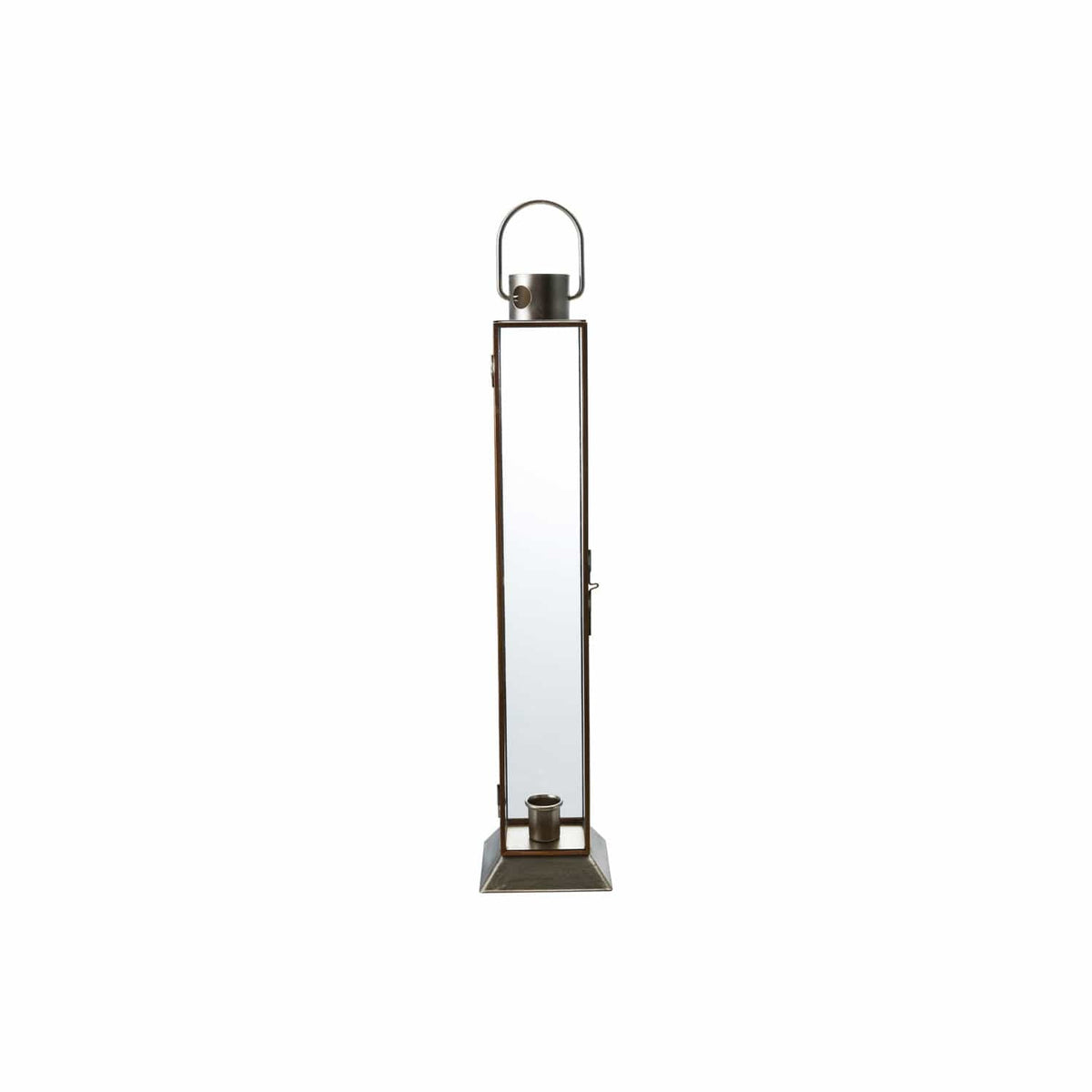 Tall slim gold metal and glass lantern taper candle holder with carry handle