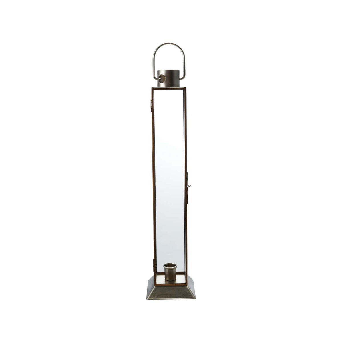 Tall gold metal and glass taper candle lantern with top handle, 16.25 inches high