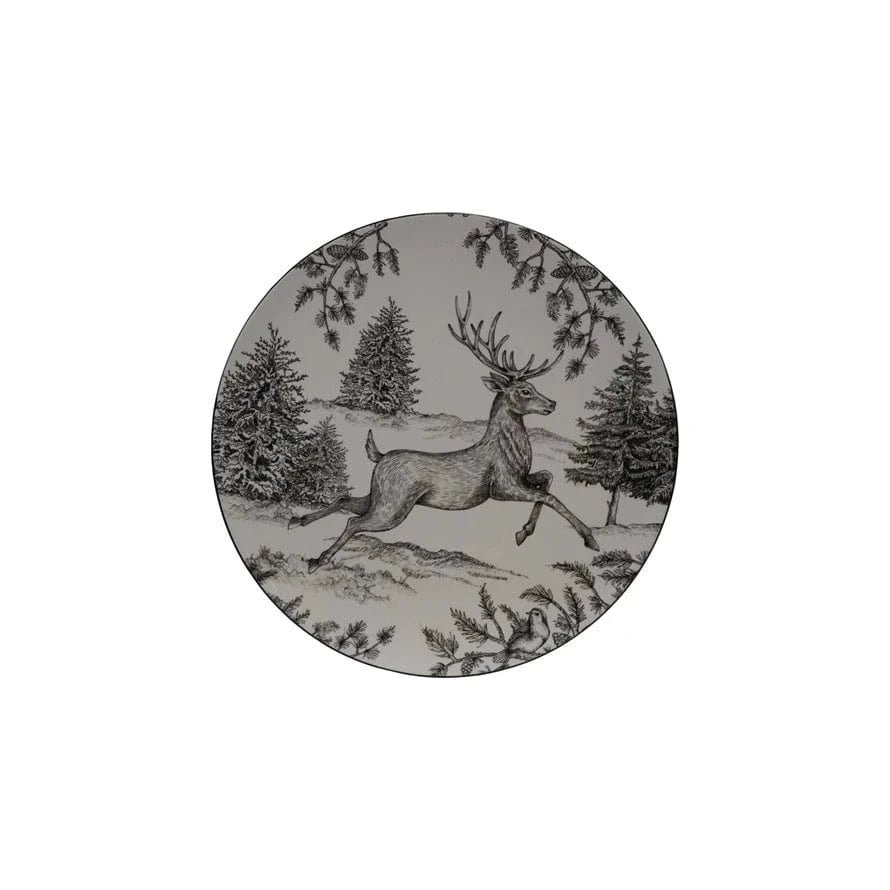 Ceramic Platter with Woodland Deer Scene & Colored Edge