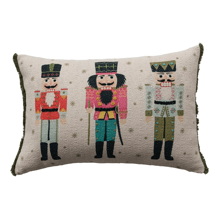 Cotton Slub Printed Lumbar Pillow with Eyelash Fringe - Nutcracker