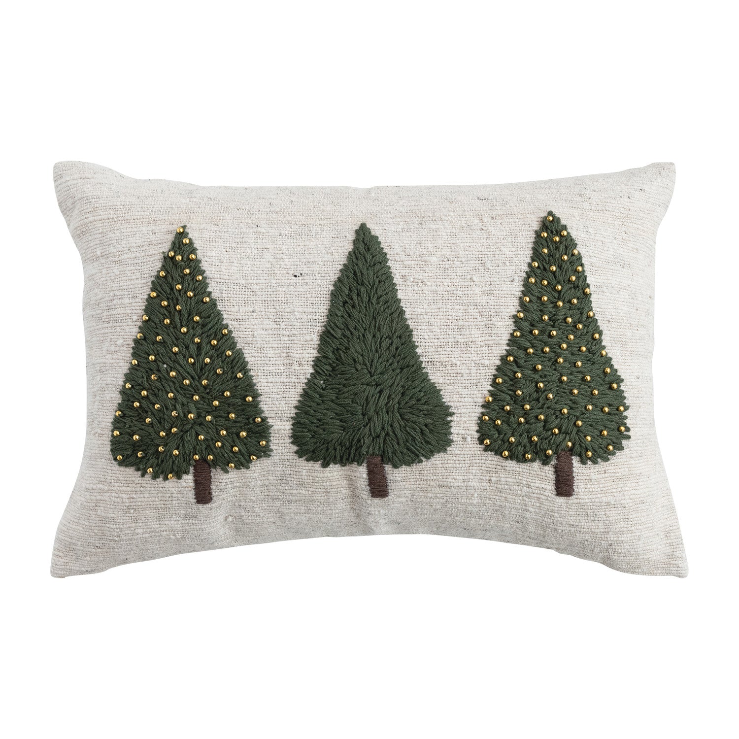 Cream lumbar pillow with three embroidered green Christmas trees and gold beads