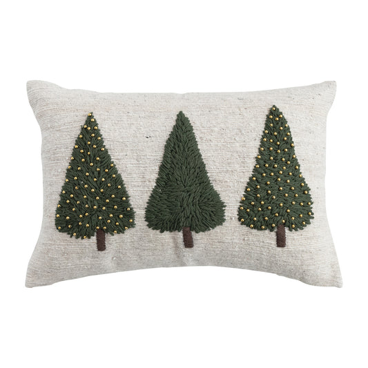Cream lumbar pillow with three embroidered green Christmas trees and gold beads