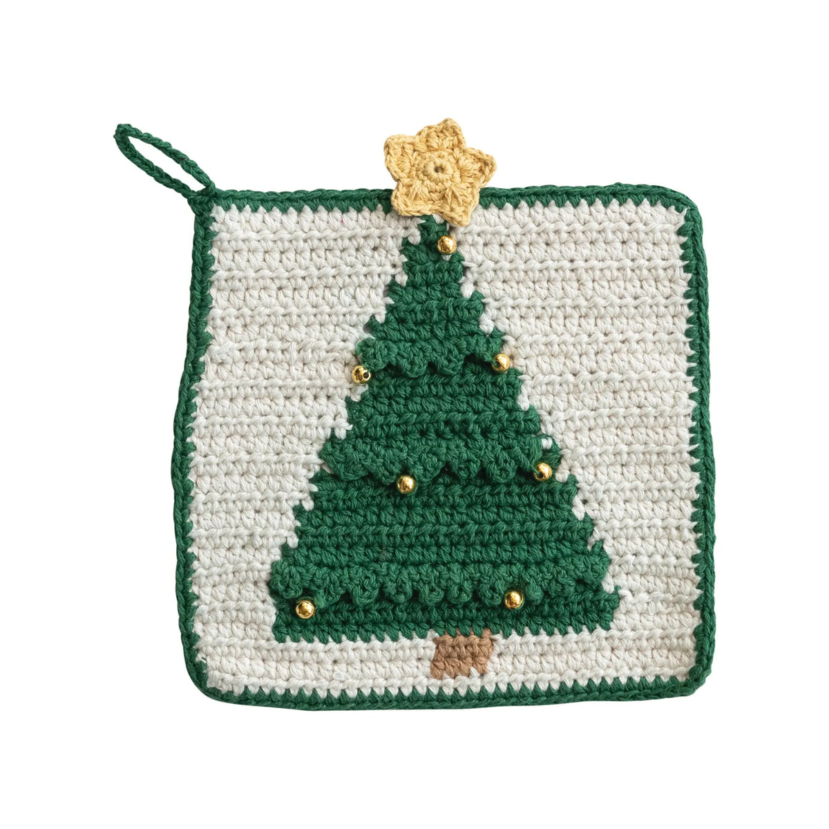 Crocheted cream and green square pot holder with Christmas tree and gold bead ornaments