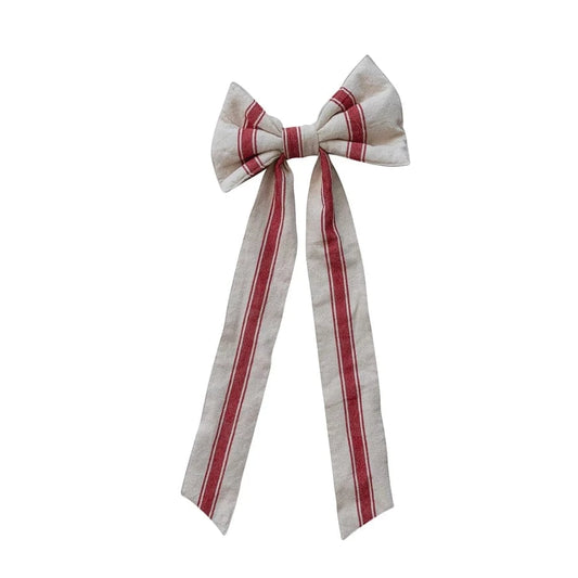 21"L x 10"W Woven Cotton Clip-on Bow with Stripes, Natural & Red