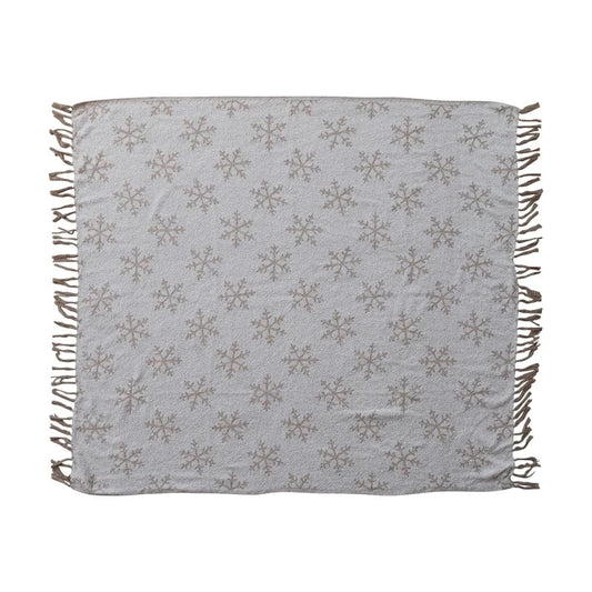 Woven Recycled Fabric Jacquard Throw with Snowflake Pattern & Fringe