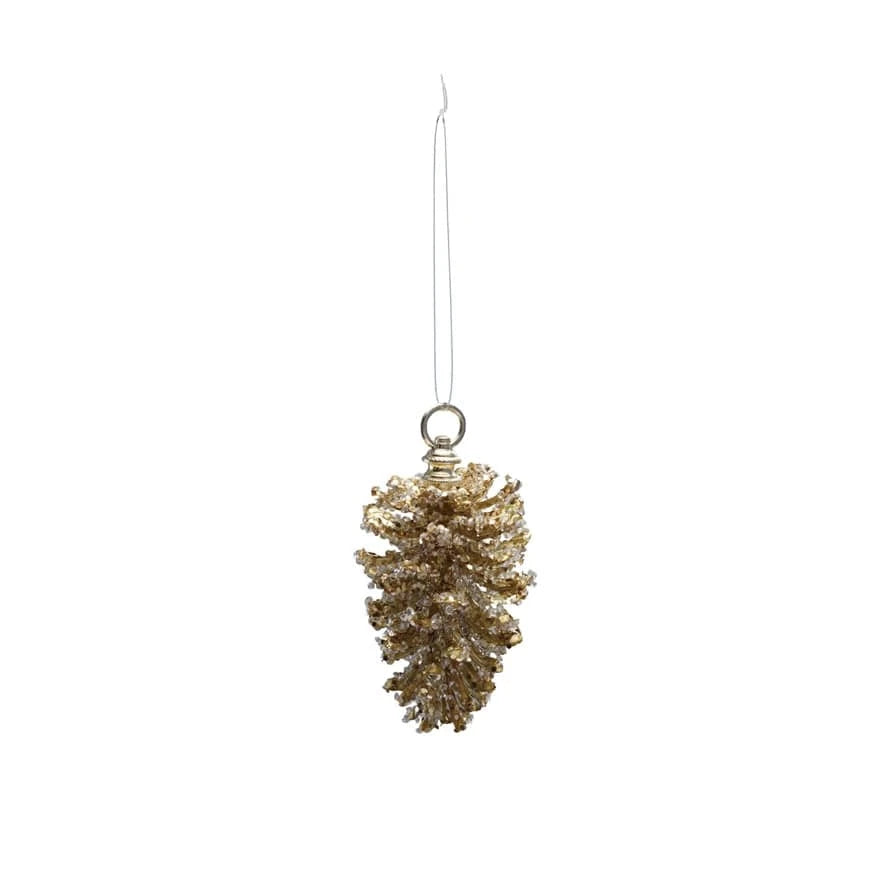 Pinecone Ornament with Glitter, Beads & Sequins, Gold Finish