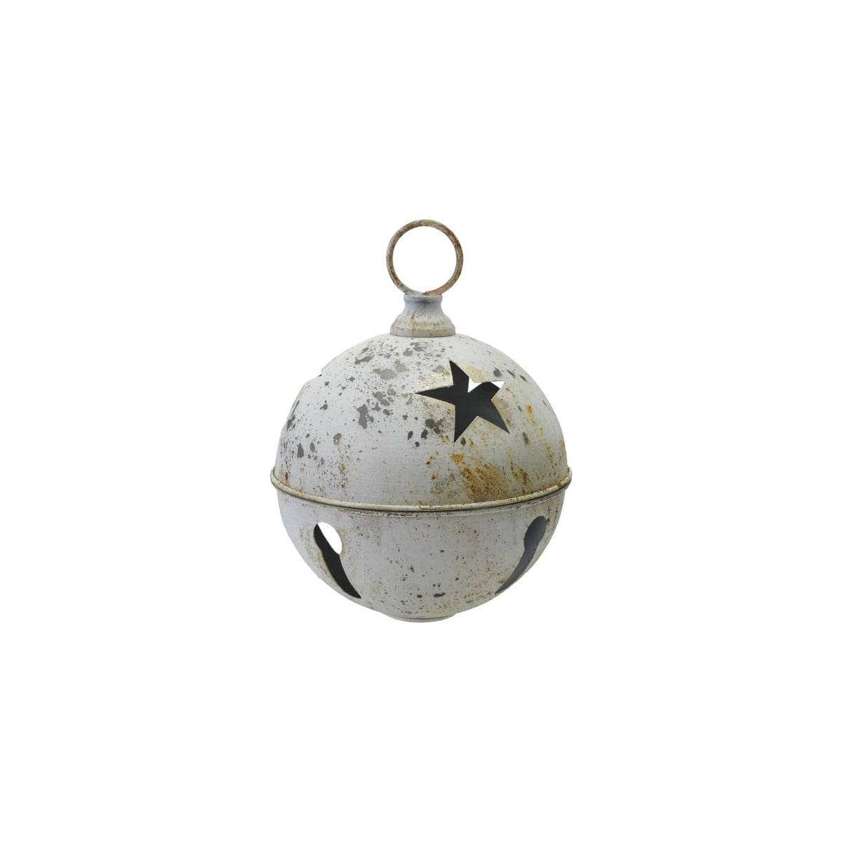 Large distressed white metal jingle bell ornament with star cut-outs and hanging ring