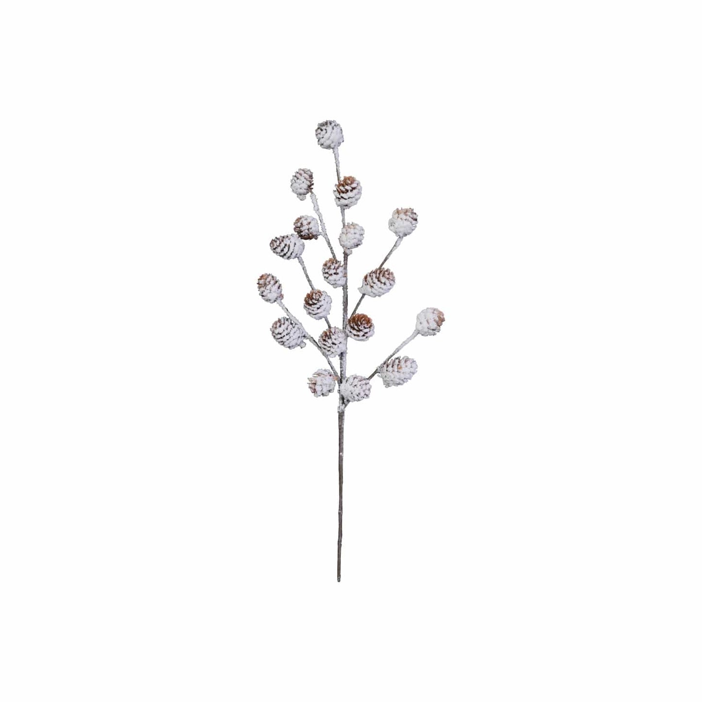 Frosted artificial pinecone stem with snow-dusted mini cones on branching twig