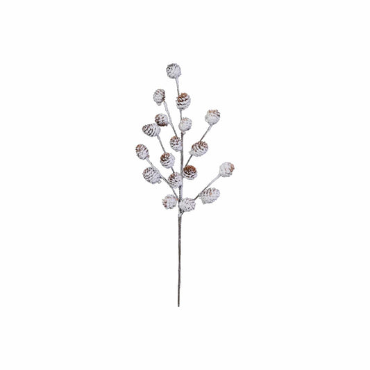 Frosted artificial pinecone stem with snow-dusted mini cones on branching twig