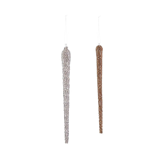 Silver and copper beaded rhinestone icicle Christmas ornaments hanging side by side