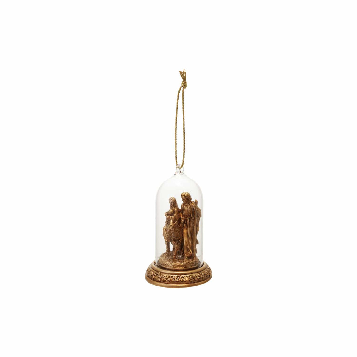Antique gold Holy Family resin figurine inside clear glass cloche ornament with gold hanging cord