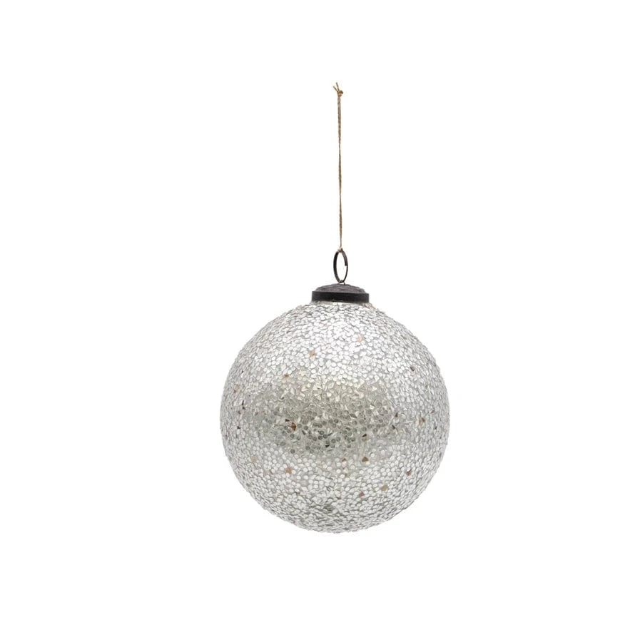 5" Round Glass Ball Ornament with Mica Flakes, Silver Finish