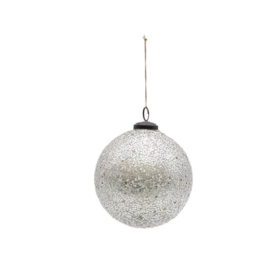 5" Round Glass Ball Ornament with Mica Flakes, Silver Finish