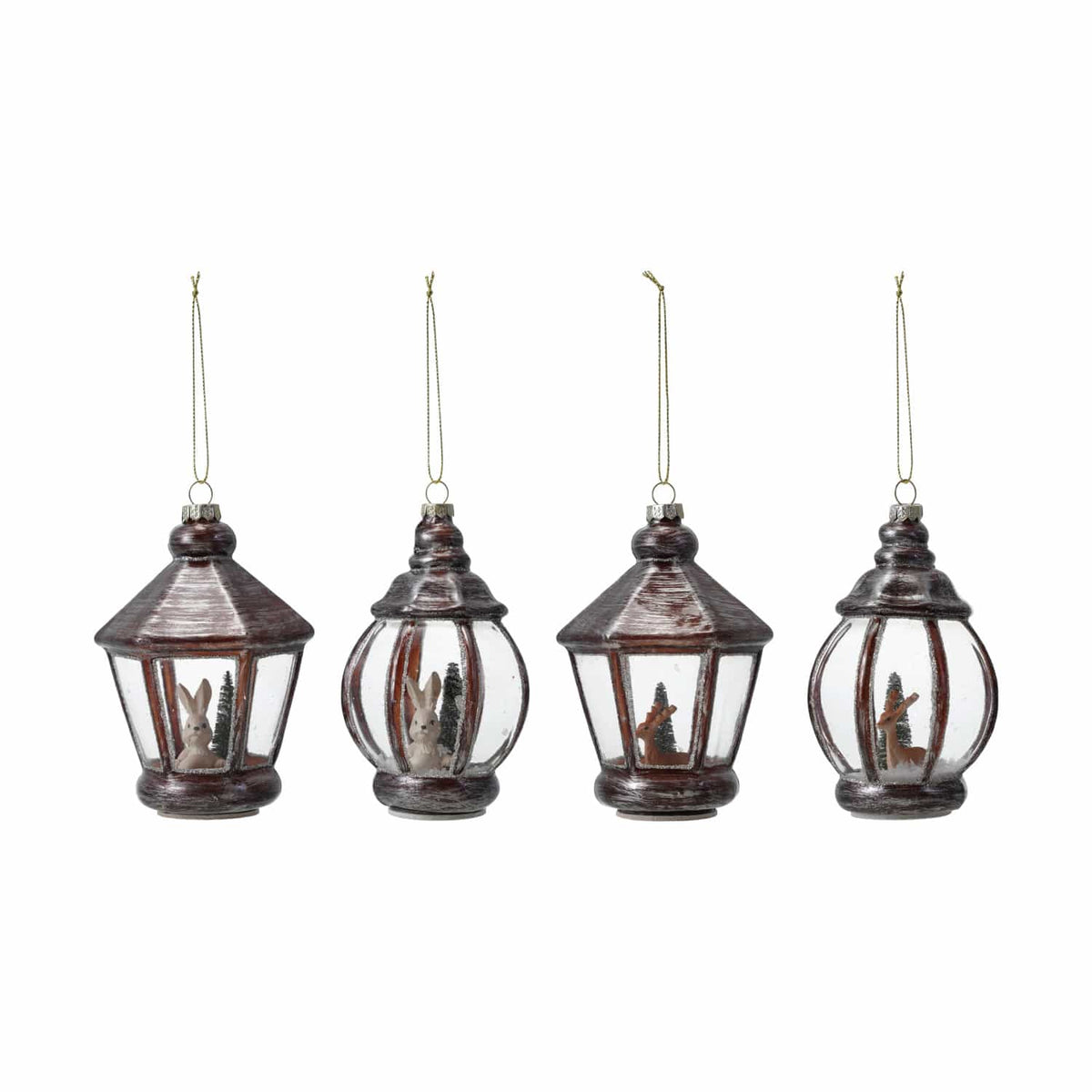 Set of four dark brown glass lantern ornaments with bunny and deer winter scenes inside