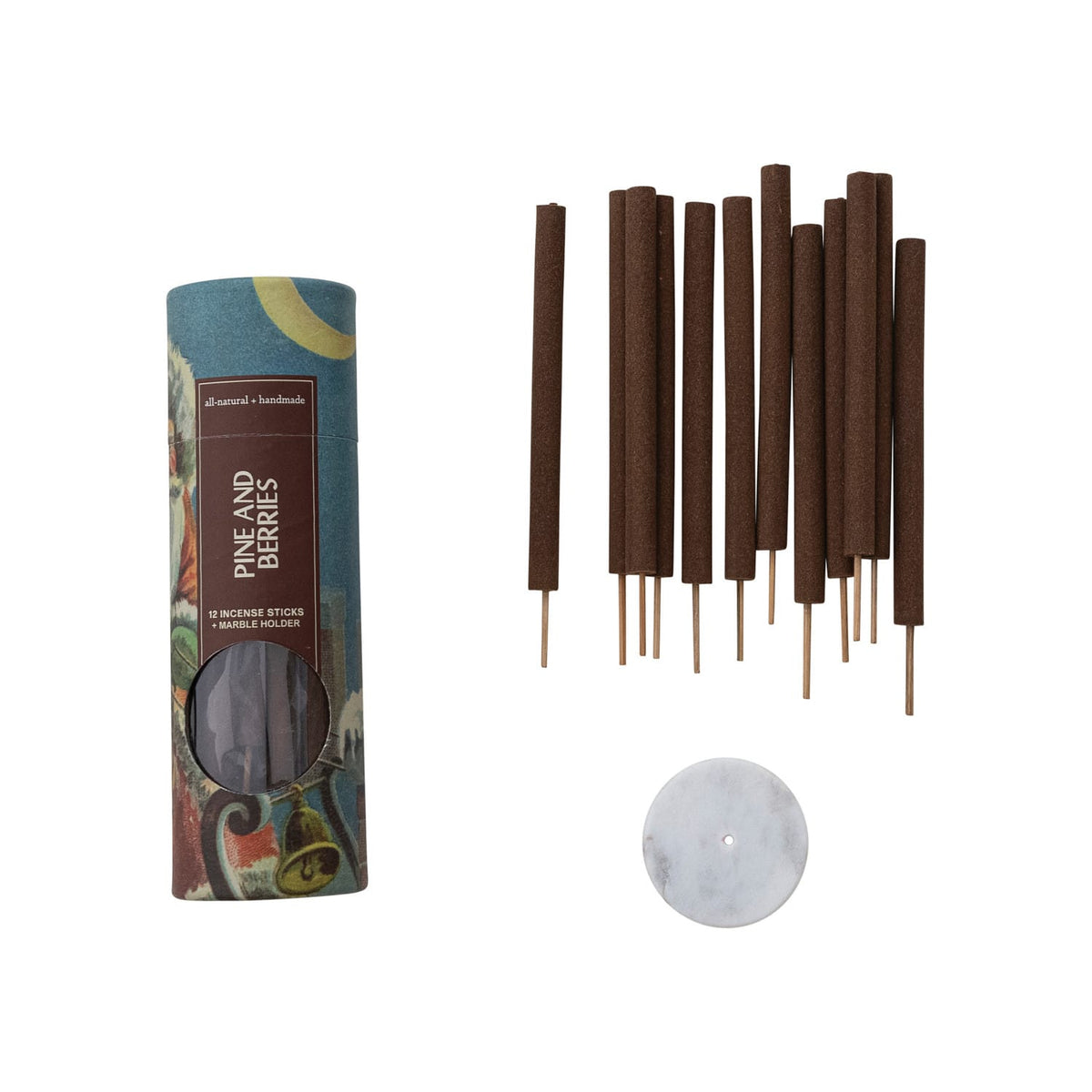 Pine and Berries incense set with 12 brown sticks, cylindrical tube packaging, and round marble holder