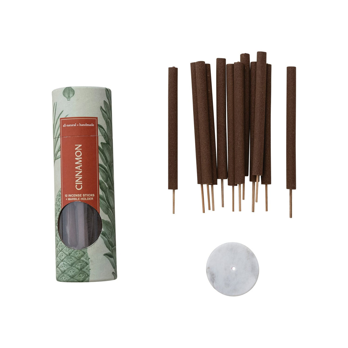 Cinnamon incense tube with 12 brown bamboo sticks and round marble holder on white background