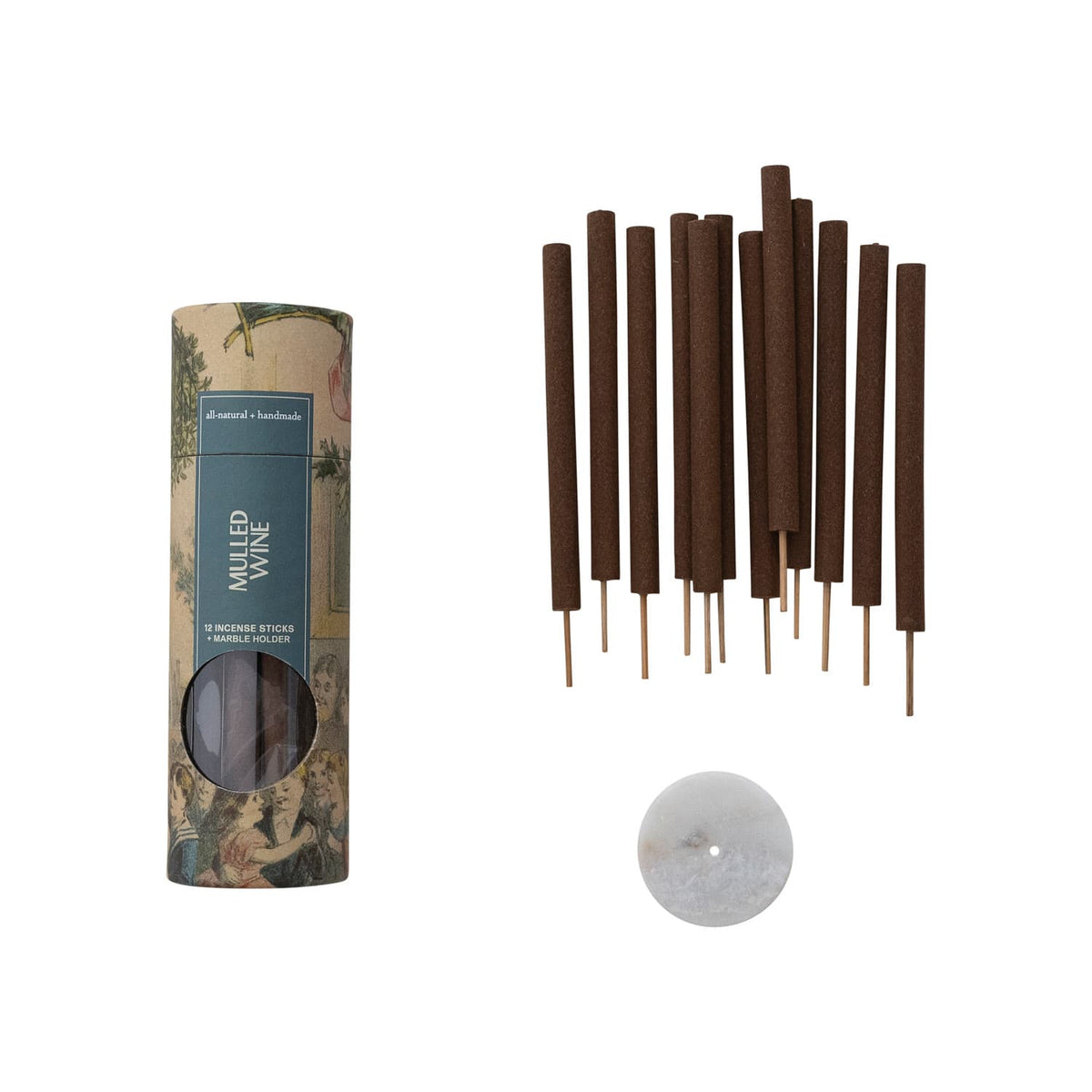 Mulled wine incense sticks tube set with marble holder and 12 brown bamboo sticks