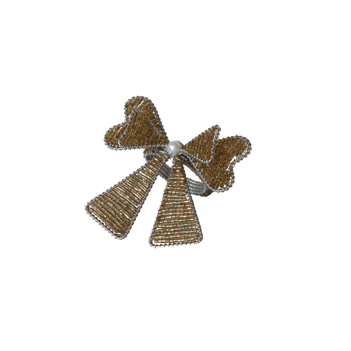 Gold and silver beaded bow-shaped napkin ring with pearl center accent
