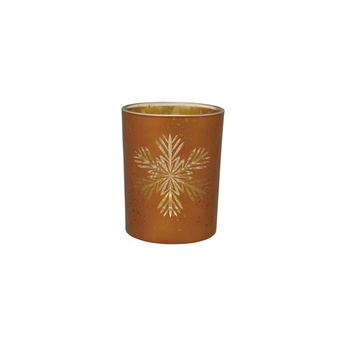 Gold mercury glass tealight holder with laser etched snowflake design, cylindrical shape