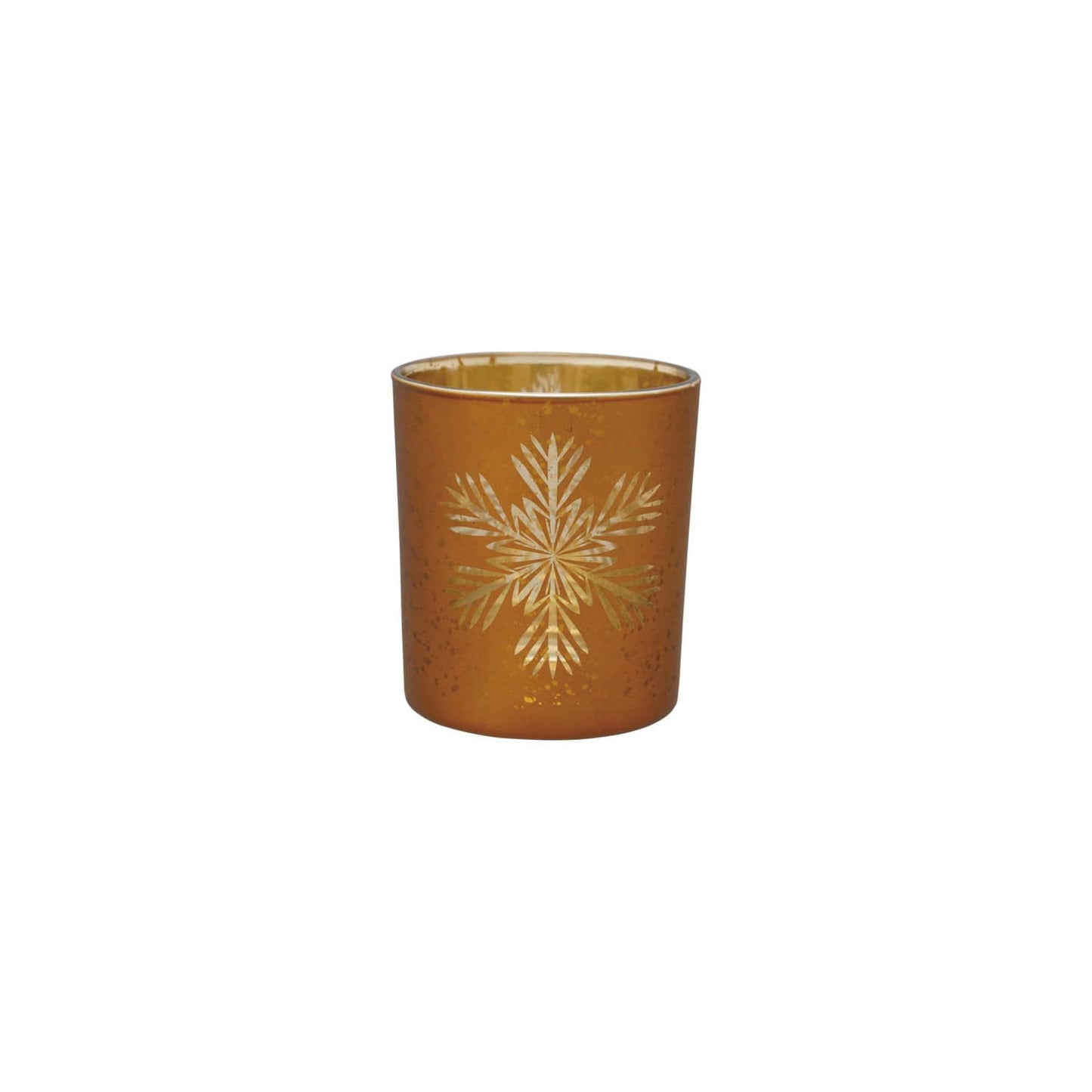 Gold mercury glass tealight holder with laser etched snowflake motif, 4 inch tall