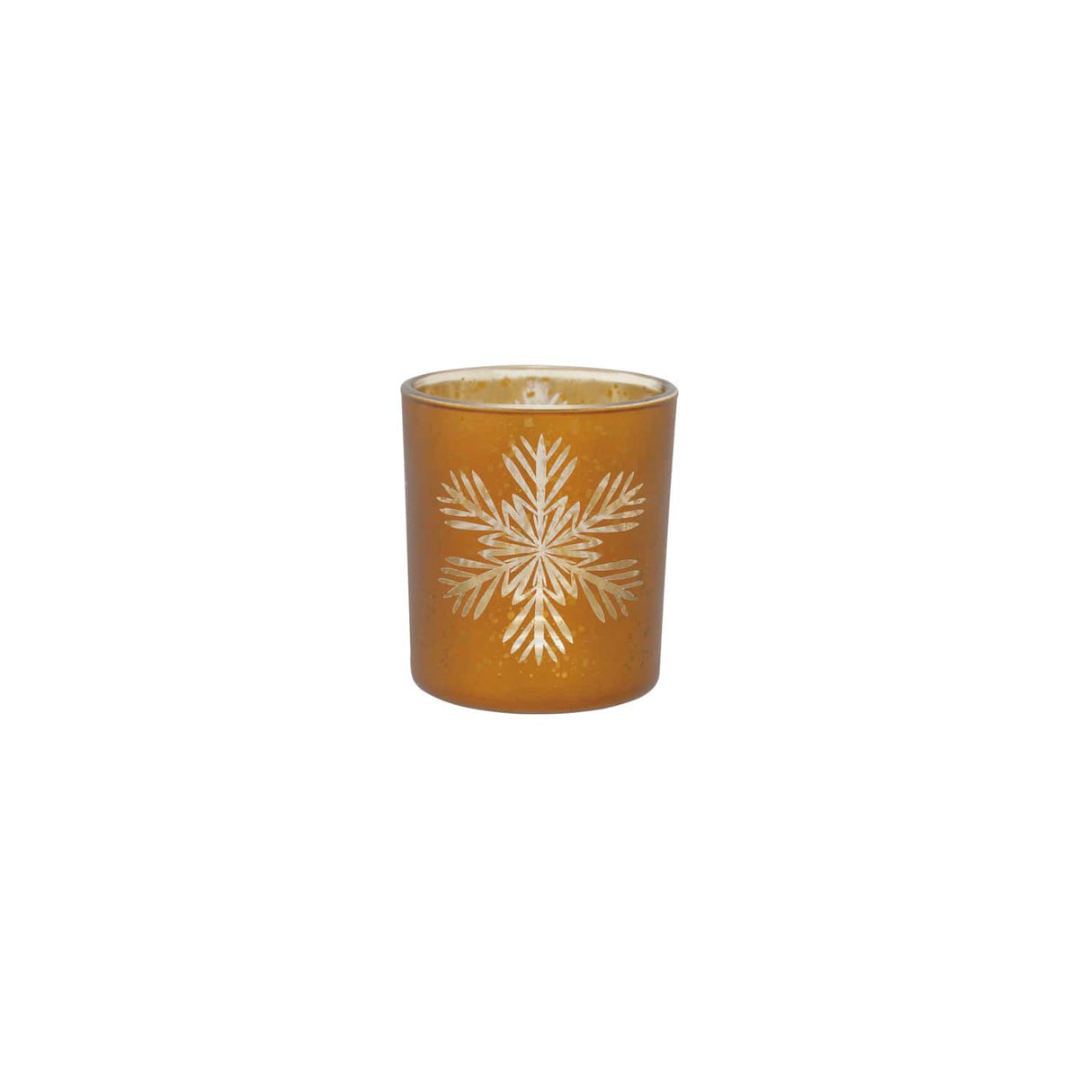 Gold mercury glass votive holder with white laser-etched snowflake design