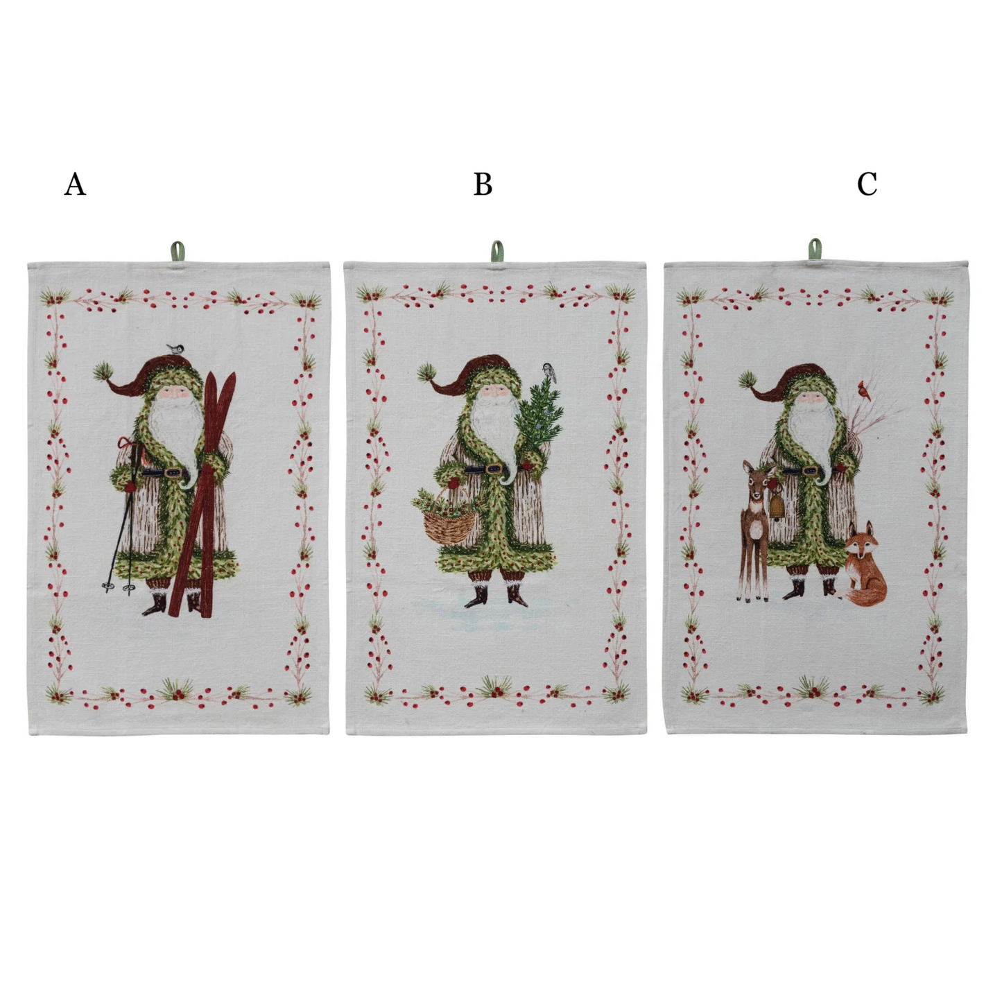 Set of three white cotton tea towels with embroidered Santa and red berry border