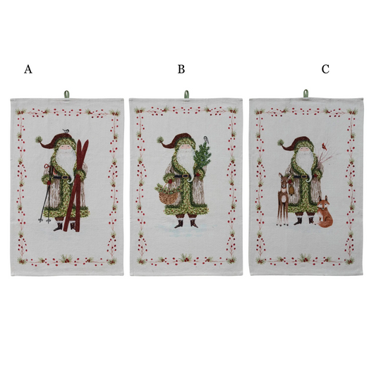 Set of three white cotton tea towels with embroidered Santa and red berry border