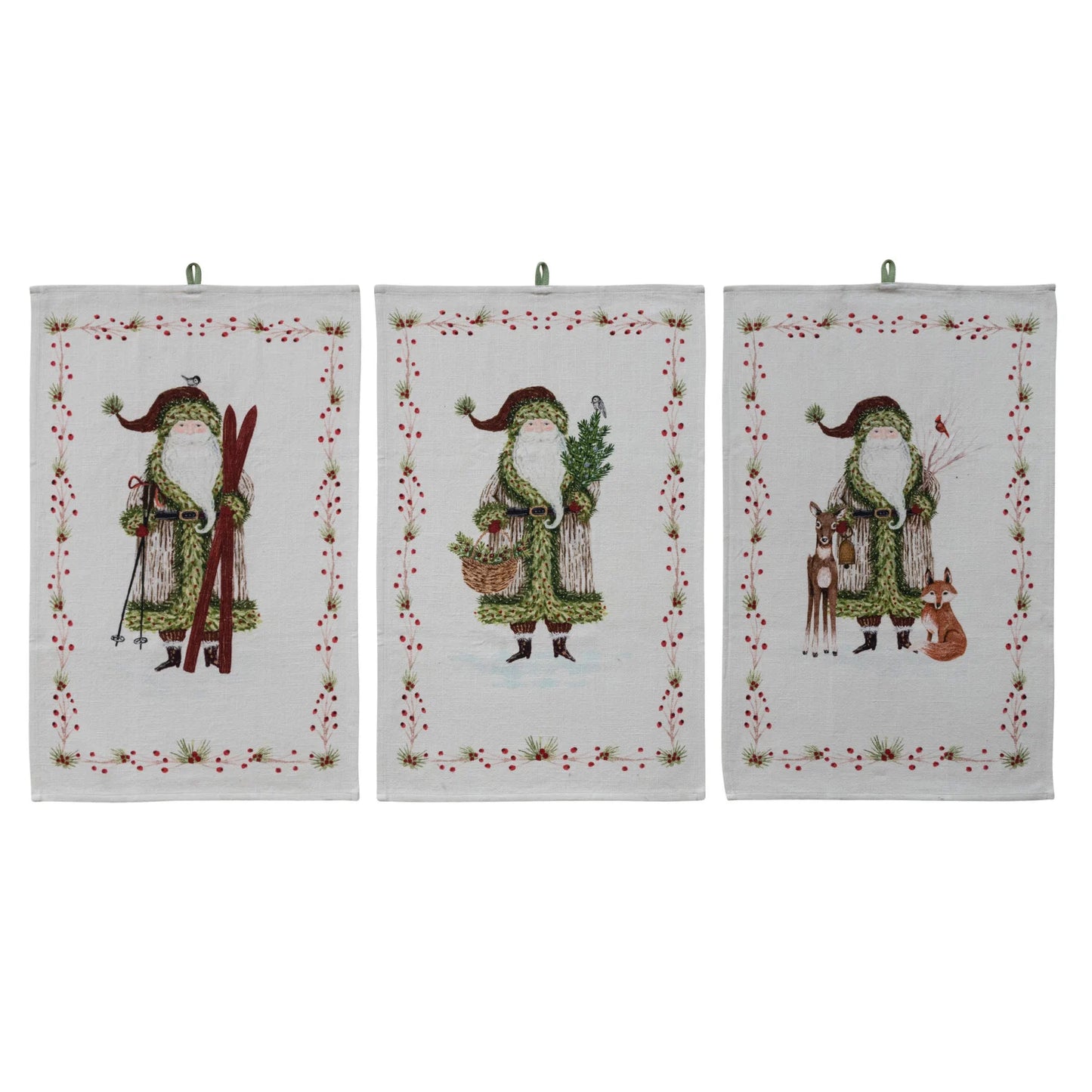 Set of 3 white Christmas kitchen towels featuring Santa Claus in green coat designs