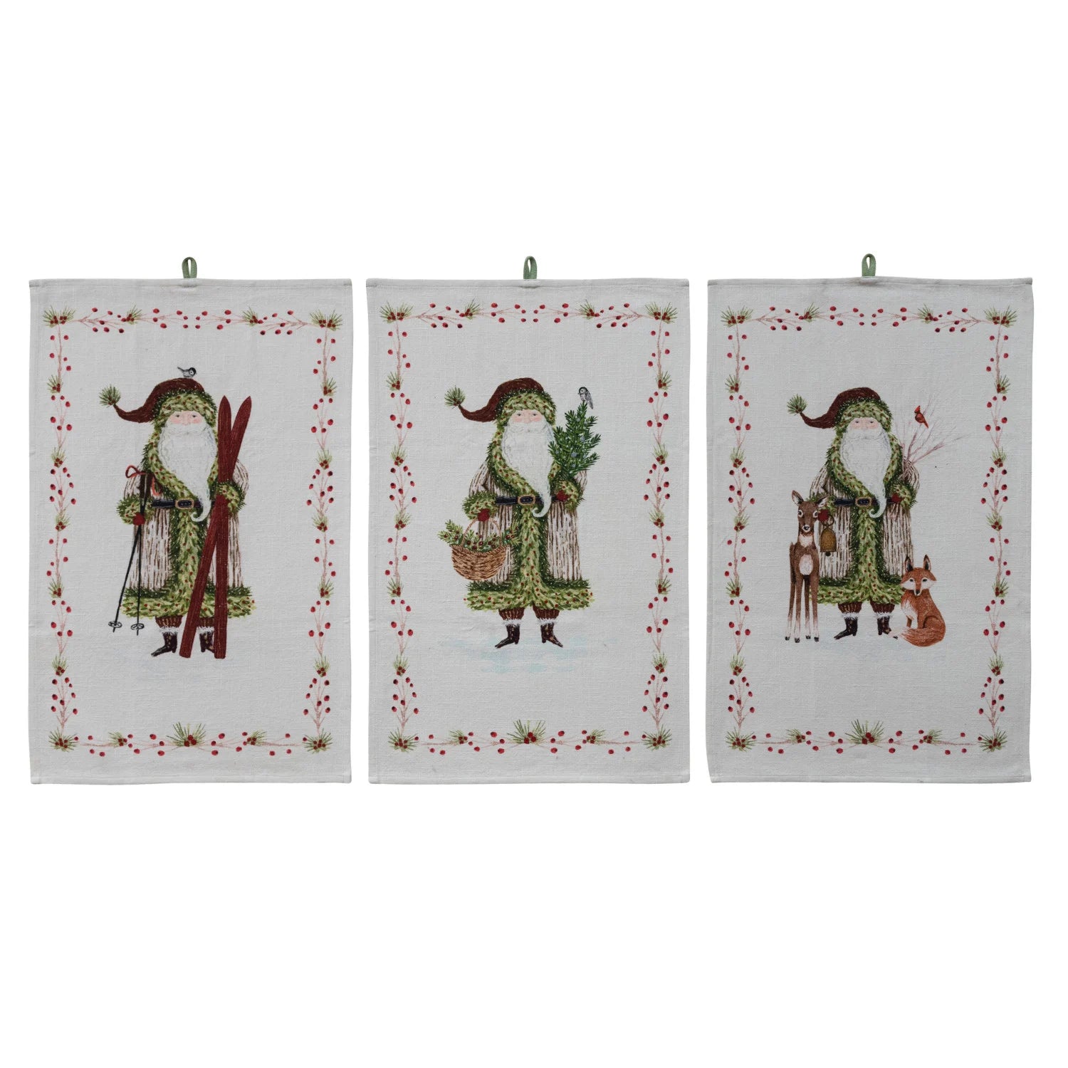 Set of 3 white Christmas kitchen towels featuring Santa Claus in green coat designs