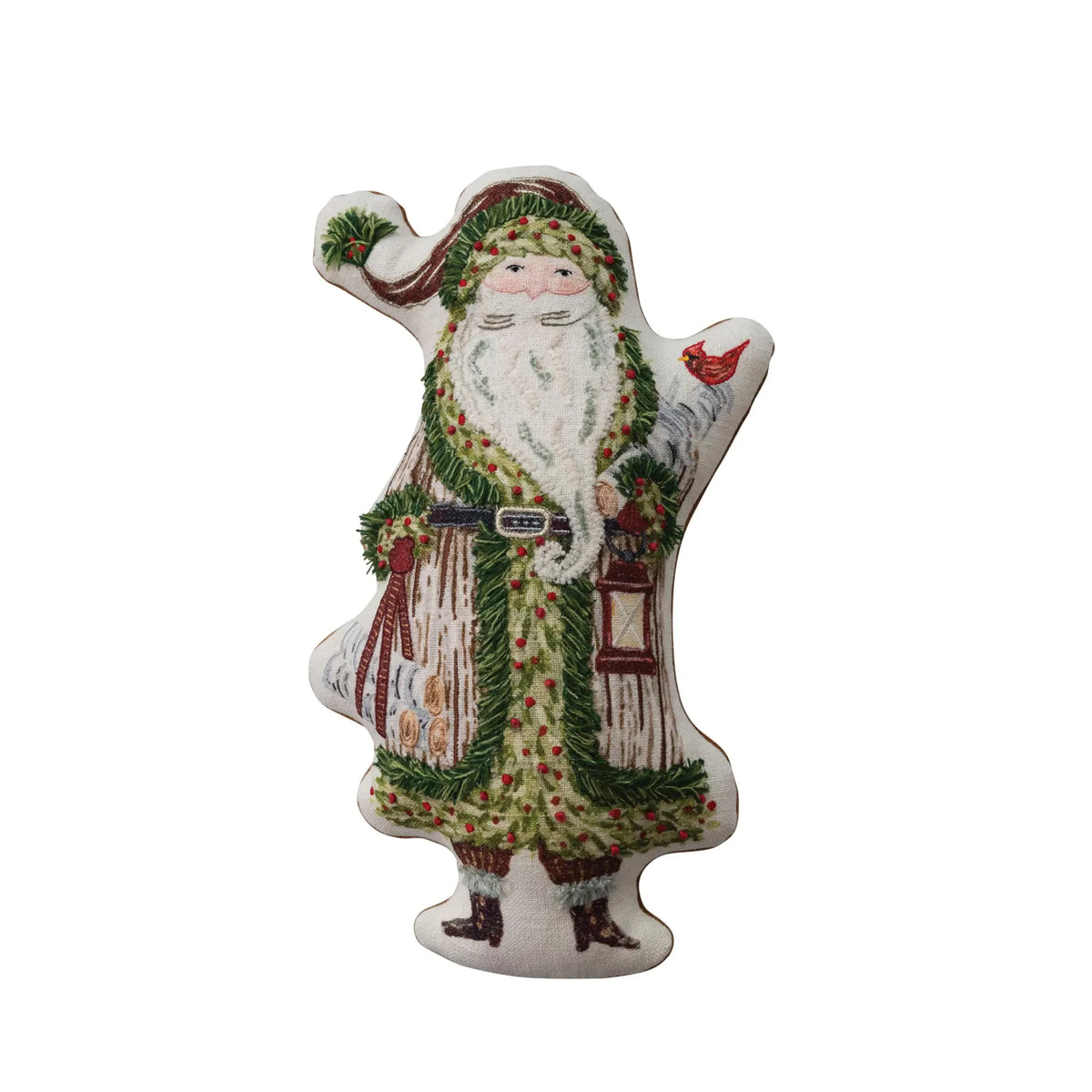 Shaped Santa Claus decorative pillow with green embroidered coat, lantern, and cardinal bird