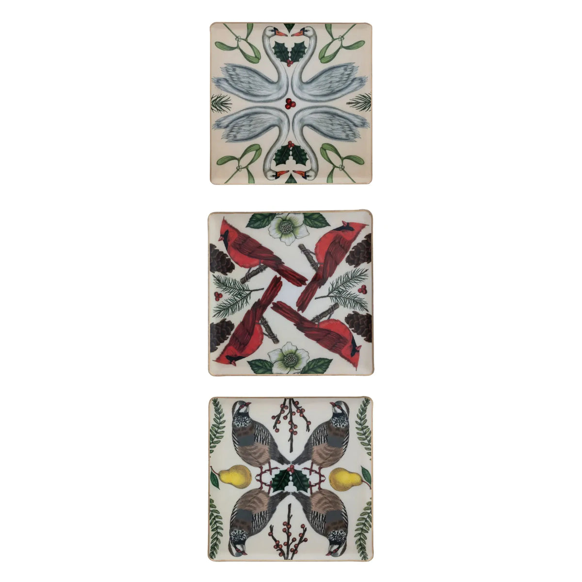 Enameled Metal Trays with Seasonal Botanicals, Birds & Gold Edges - 3 Designs