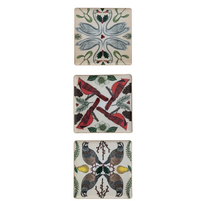 Enameled Metal Trays with Seasonal Botanicals, Birds & Gold Edges - 3 Designs