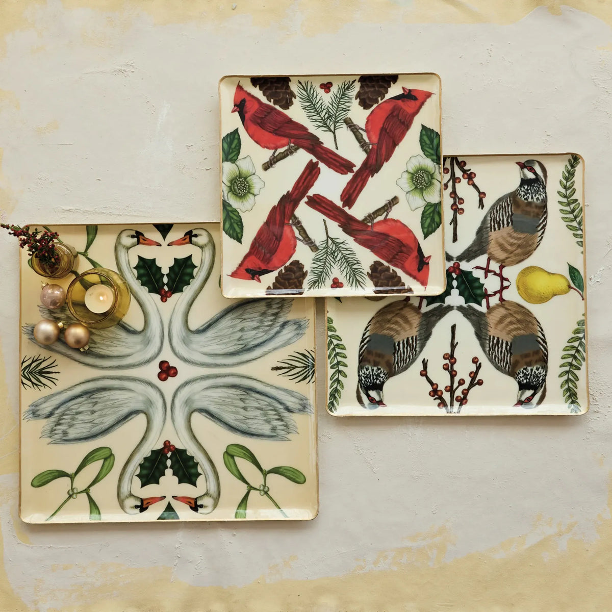 Enameled Metal Trays with Seasonal Botanicals, Birds & Gold Edges - 3 Designs