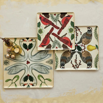 Enameled Metal Trays with Seasonal Botanicals, Birds & Gold Edges - 3 Designs