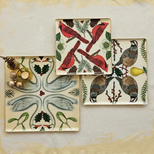 Enameled Metal Trays with Seasonal Botanicals, Birds & Gold Edges - 3 Designs