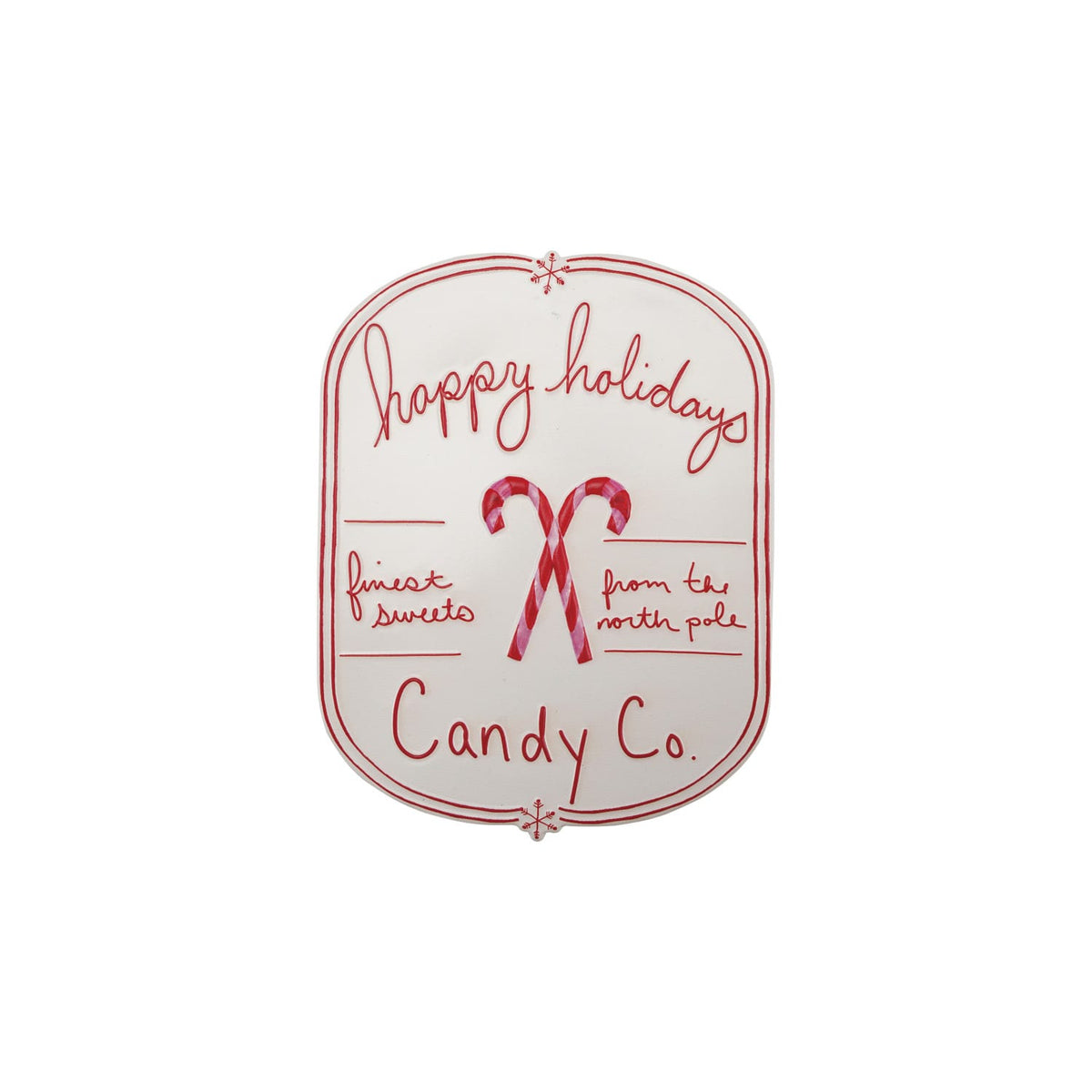 White and red embossed metal sign Happy Holidays Candy Co. with candy canes