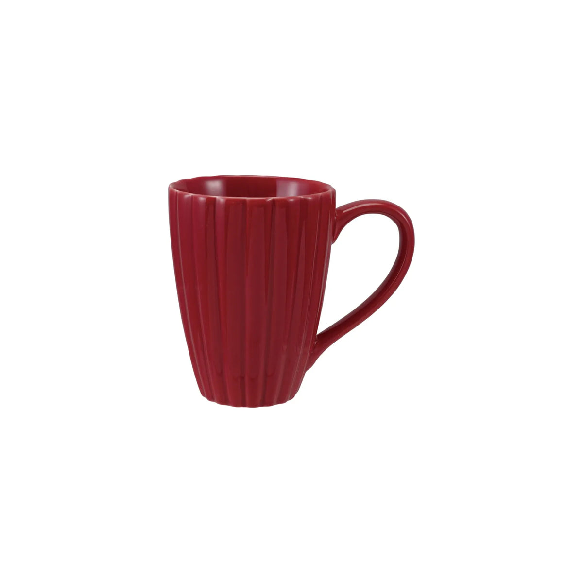 Red ribbed stoneware mug with handle, 14 oz glossy ceramic coffee cup