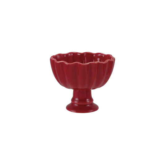 Red stoneware footed bowl with scalloped rim and pedestal base