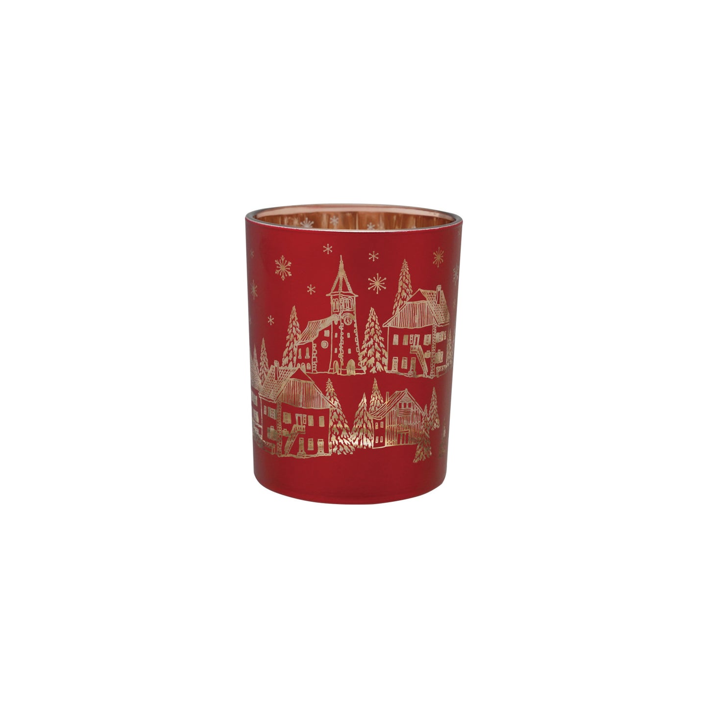 Red mercury glass votive holder with gold laser-etched winter village scene and snowflakes