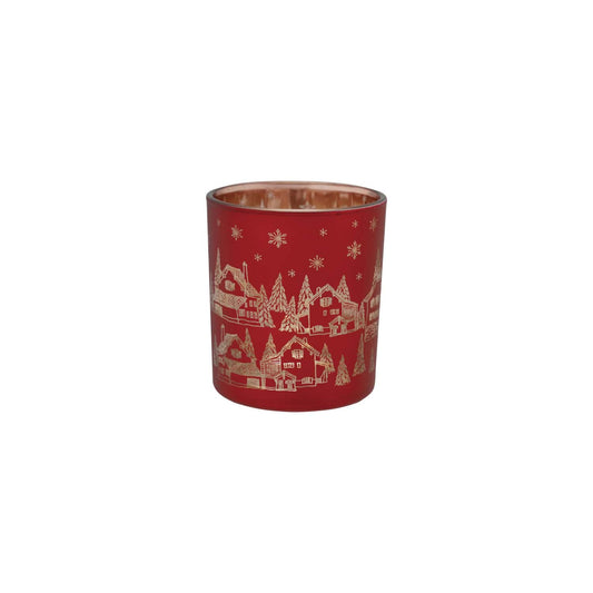 Red matte mercury glass tealight holder with gold etched winter village and snowflakes