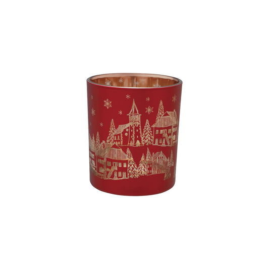 Red and gold glass votive holder with laser etched winter village scene