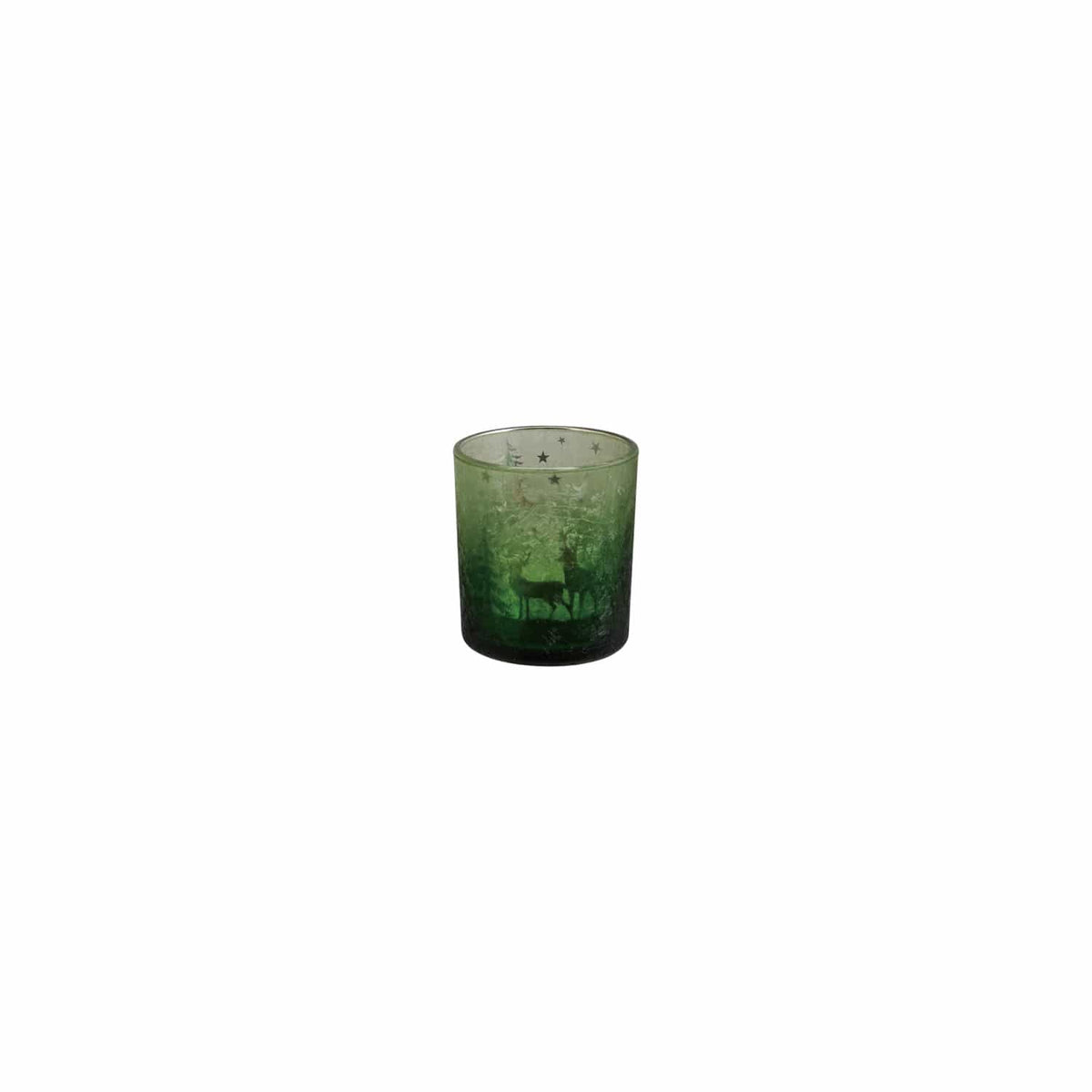 Green mercury glass votive holder with laser-etched deer and forest scene