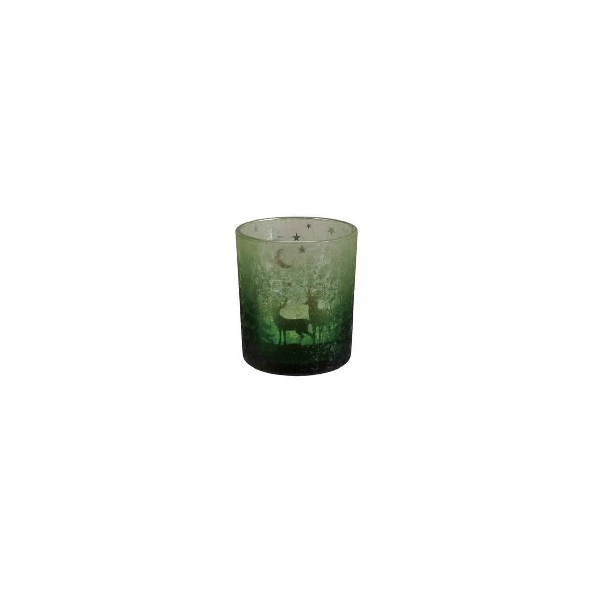 Green ombre mercury glass tealight holder with etched deer forest stars moon scene