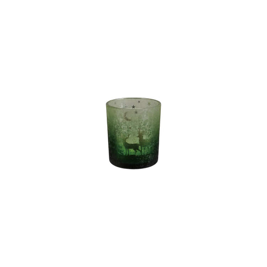 Green ombre mercury glass tealight holder with etched deer forest stars moon scene