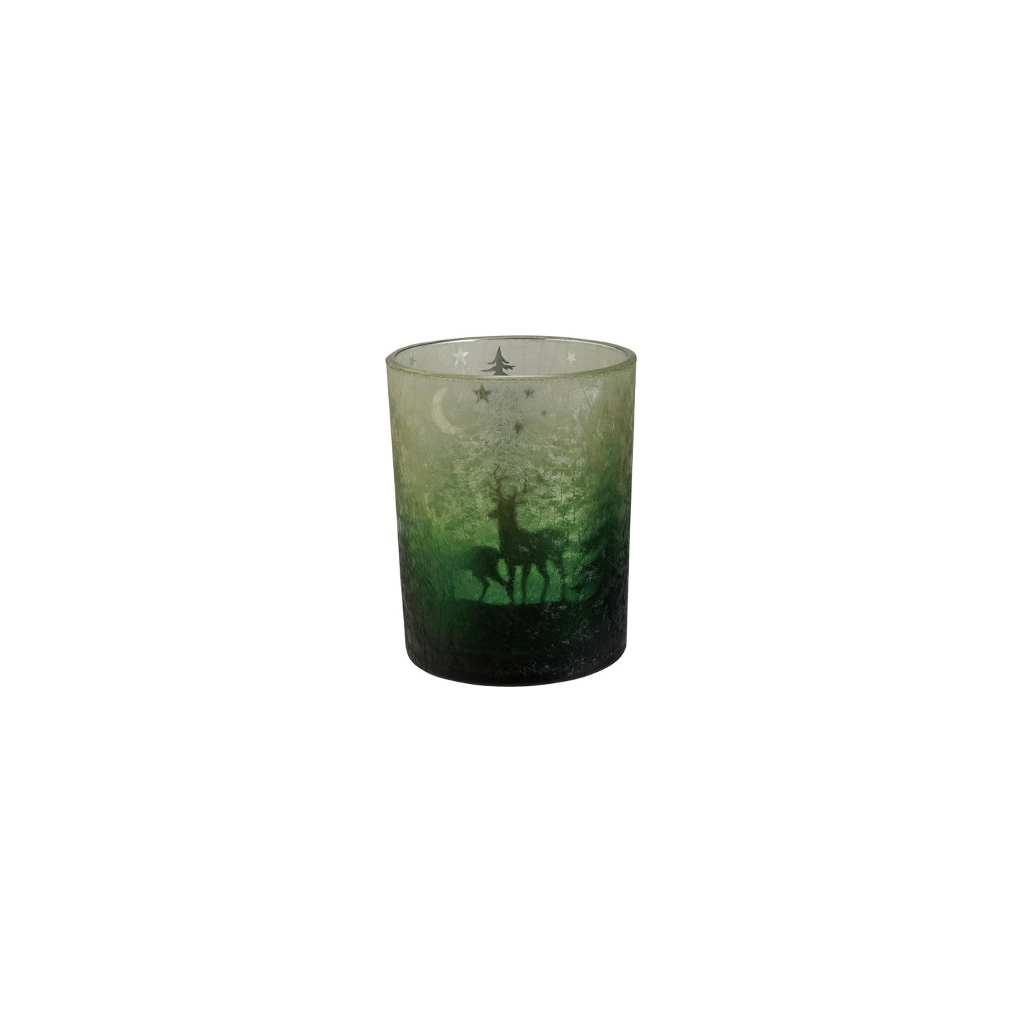 Green ombré mercury glass votive holder with laser-etched deer and woodland night scene
