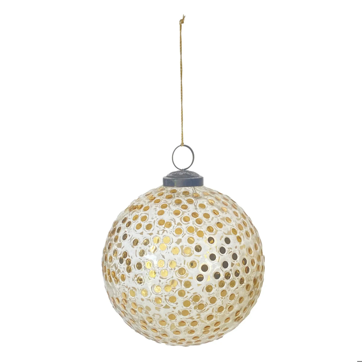 Round clear glass Christmas ornament with embedded gold sequin dots and jute string