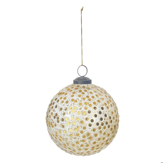 Round clear glass Christmas ornament with embedded gold sequin dots and jute string