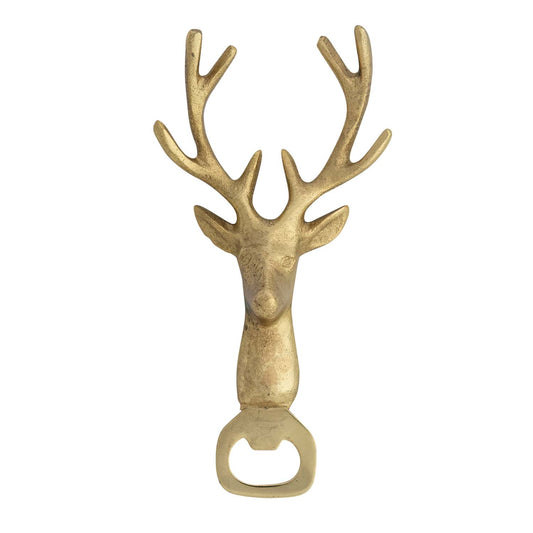 Gold cast aluminum deer head bottle opener with detailed antlers, decorative opener bottom